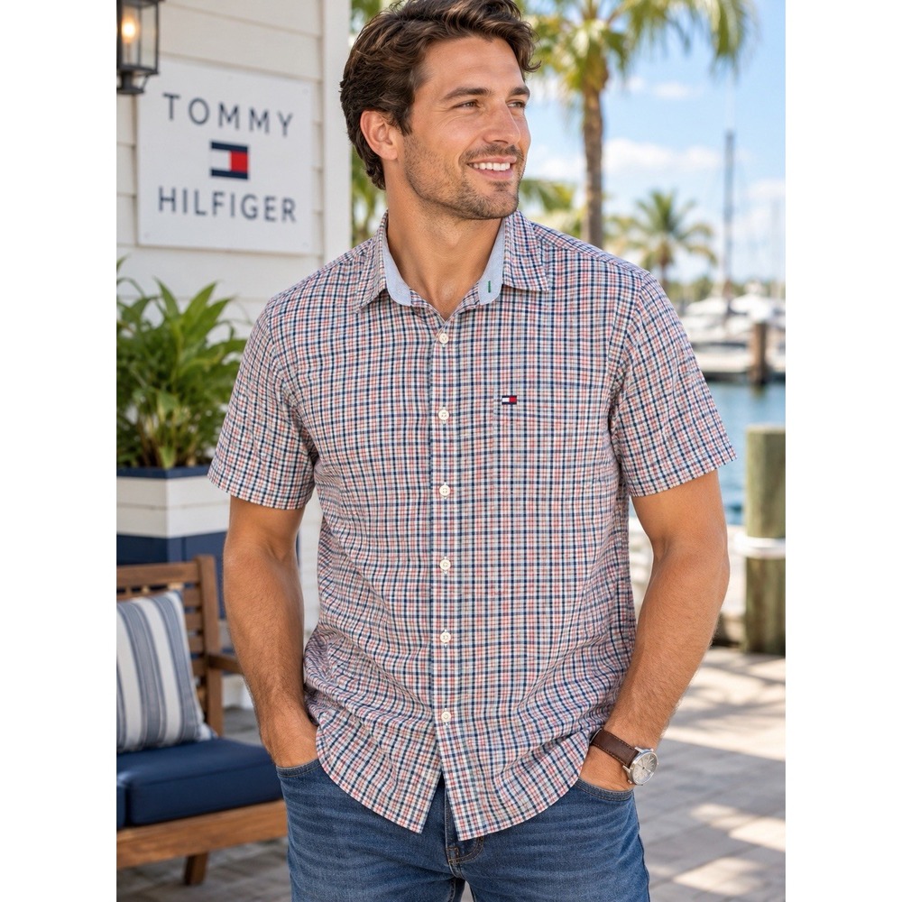 Tommy Hilfiger Mens L Plaid Short Sleeve Button Up Shirt 100% Cotton Flag Logo
